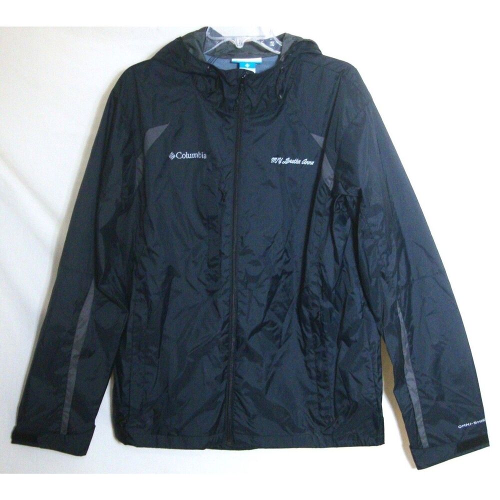COLUMBIA Zip Windbreaker Jacket BLACK Nylon Hood Athletic Coat Women Large